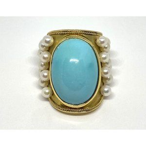 Huge 16CT Natural Turquoise Pearl 18K Gold Wide Shield Ring 30.3 Grams Gia Cert